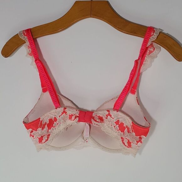 Victoria's Secret Very Sexy Push-Up Lace Bra Bright Pink Off White Floral 32C - Picture 4 of 9